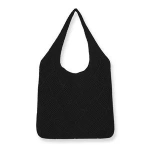 Minimalist black knit tote bag with diamond pattern textured woven fabric design