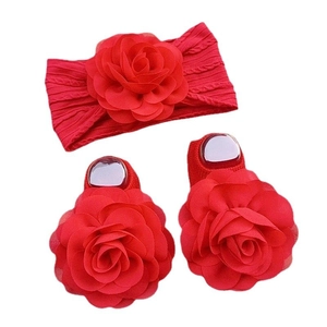 Red knit baby headband and non-slip sock set with delicate chiffon flowers for infants