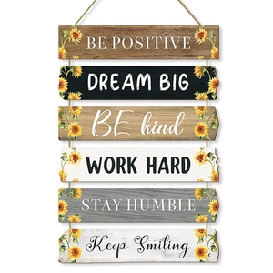 Rustieke houten wandborden met zonnebloemen en inspirerende quotes met ophangtouw