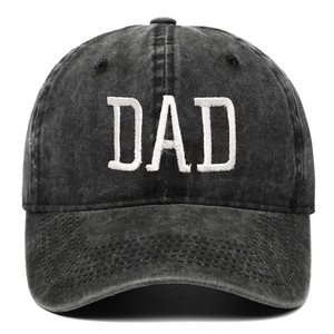 Washed black cotton baseball cap with white DAD embroidery in classic dad hat style