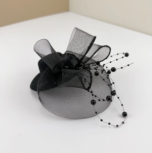 Elegant vintage black mesh mini top hat fascinator with bow and floral detail for women