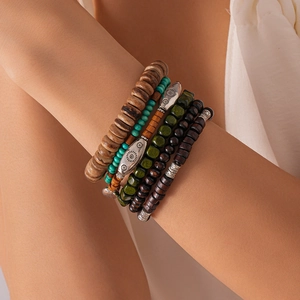 Boho Vintage Wood Beaded Bracelet Multi Layer Ethnic Coconut Shell Alloy Sun Charm Stackable Jewelry For Men