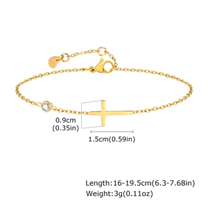 Detail view of gold cross bracelet with zircon stone showing precise size and weight specs