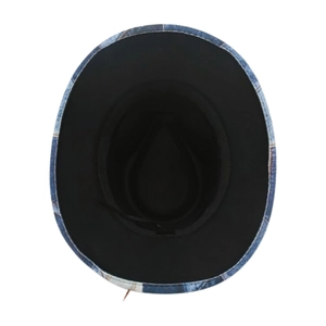 Vertical view of fedora hat interior showing blue denim brim and adjustable sweatband