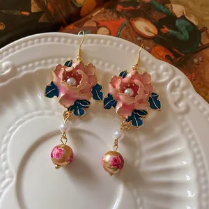 Vintage Blume Quaste Ohrhänger Legierung Emaille Rosa Pfingstrose Mit Künstliche Perlenimitat Eleganter Palaststil Für Frauen