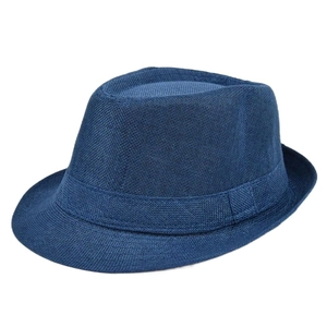Classic dark blue linen panama fedora sun hat with woven texture for men and women