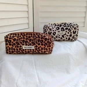 Retro leopard print corduroy pencil case and makeup bag in brown and white variants