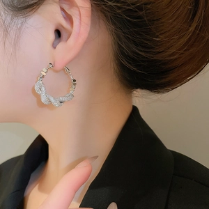 Close-up of silver-tone twisted mesh hoop earring with sparkling pavé cubic zirconia