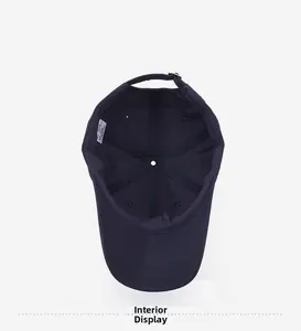 Detailed interior view of navy blue cotton baseball cap showing lining and washing label
