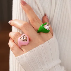 Chic enamel heart open rings with large crystals in vibrant pink and green colors