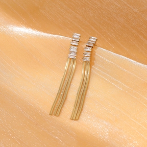 Elegant gold-tone stainless steel tassel earrings featuring sparkling rectangular crystals