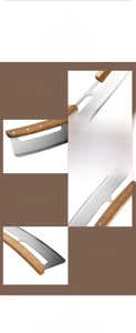 Detail of stainless steel rocker blade with sharp edge and ergonomic wooden handle