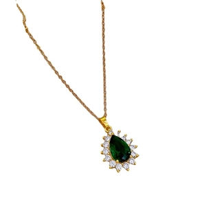 Titanium steel gold necklace with emerald water-drop pendant and micro-pave crystals