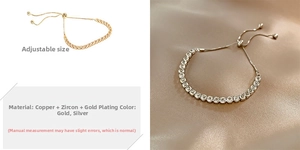 Detalle de pulsera tenis ajustable con circonitas blancas y diseño de cierre deslizante