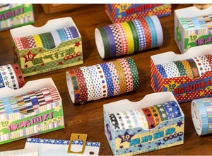 Details des Washi-Tape-Sets im Showa-Stil mit Karos, Streifen und Punktmustern