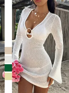 Women Hollow Crochet Knit Mini Dress Deep V Neck Metal Ring Flare Long Sleeve Sexy Boho Beach Cover Up