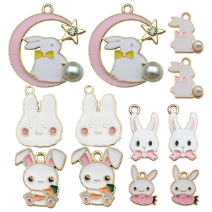 Alloy Enamel Easter Rabbit Charms Rhinestone Artificial Pearl Moon Bunny Pendants For DIY Jewelry Making Necklaces Bracelets Findings
