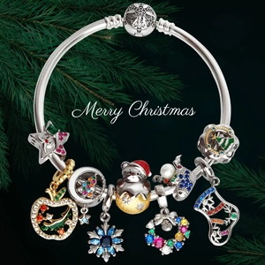 S925 Sterling Silver Christmas Charms Beads Rhinestone Enamel Artificial Pearl Holiday Snowman Bear Tree Pendant Jewelry