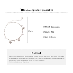 Spécifications du bracelet de cheville fleur en zircon montrant le matériau et la taille