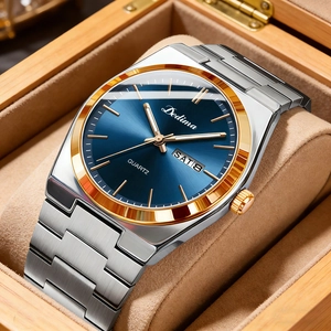 Elegant men's watch with steel band, blue dial and day-date display in a wooden box
