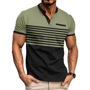 Men's slim fit polo shirt with military green and black stripes and buttoned V-neckline