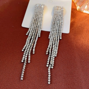 Detailed close-up of long silver tassel earrings featuring shimmering crystal rhinestones