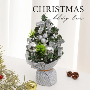 20cm mini green Christmas tree with silver ornaments and plaid base desktop decor