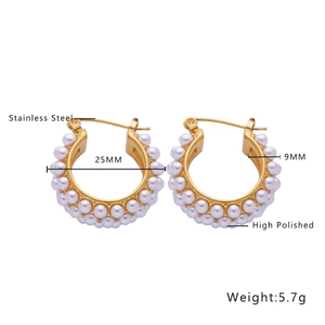 Detail showing 18k gold plated stainless steel pearl hoop earrings with size measurements