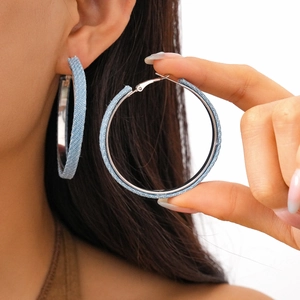 Denim Wrapped Hoop Earrings With 925 Sterling Silver Earring Post Geometric Round Casual Fashion For Women