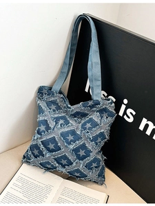 Vintage Star Pattern Denim Tote Bag For Women Large Capacity Frayed Edge Patchwork Shoulder Bag Casual Street Style Denim Handbag