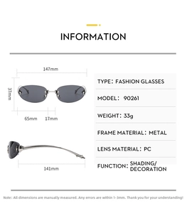 Detailed size chart for Y2K rimless sunglasses with lens height and frame width specs