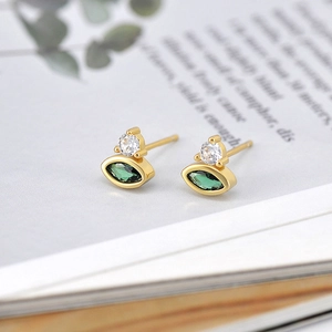 Elegant gold S925 silver stud earrings with marquise green stone and round zircon crystal