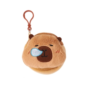 Cute plush capybara coin purse with heart embroidery and brown hanging hook on white background