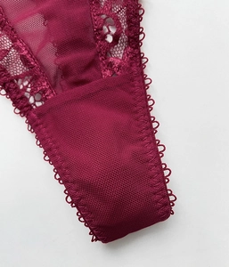 Makroaufnahme von burgunderfarbener Spitze und atmungsaktivem Mesh an Damen-T-Backs