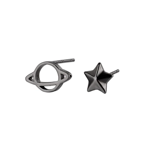 Asymmetric S925 silver stud earrings featuring black planet and star designs