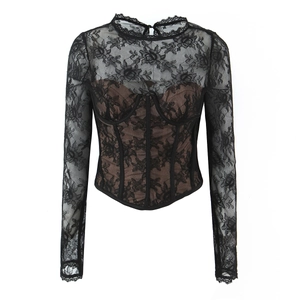 Slim fit black lace long sleeve top with corset boning and sheer floral patterns