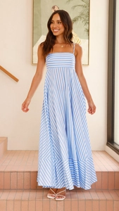 Detailed full view of the blue and white striped maxi dress with A-line skirt on model