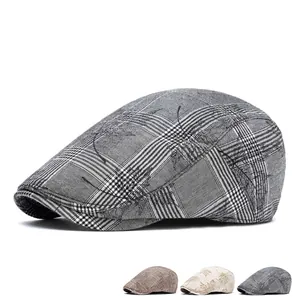 Classic plaid flat cap for men with maple leaf print in grey and brown color options