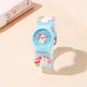 Blue kids quartz watch with 3D cartoon unicorn patterns and soft silicone strap