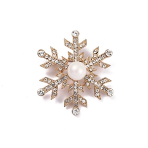 Elegant gold snowflake brooch with central pearl and sparkling crystals for women