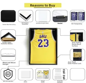Detail of jersey shadow box with UV protection acrylic, velvet lining and golden locks