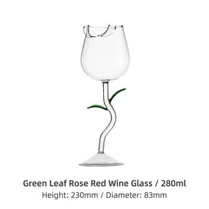 Close-up of rose-shaped wine glass with green leaf accents and size specifications