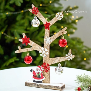 Nordic wooden Christmas tree desk ornament with red ornaments and Santa decor