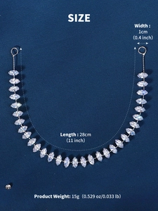 Detailed size specifications for silver crystal leaf headband measuring 28cm in length