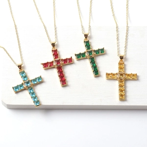 Copper Zircon Cross Pendant Necklace Square Cut Colorful Gemstone Religious Luxury Jewelry Gift Accessory For Women