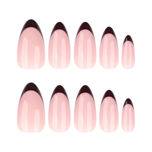 Mandelförmige weinrote French Press-on Nails in glänzendem Nude und Dunkelbraun