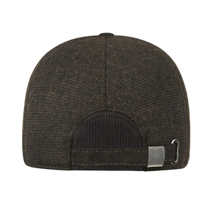 Rear view of brown textured baseball cap for men with adjustable metal buckle strap