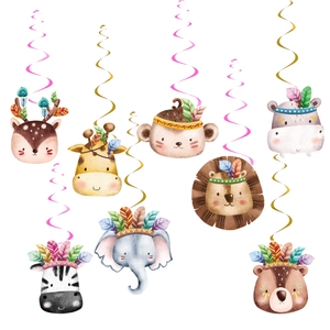 Floral jungle party swirl decorations with watercolor safari animals and feathers