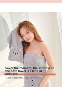 Detail of soft gray coral fleece hair towel and bath wrap with cute cat ears