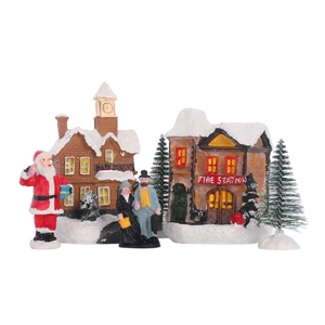 Miniature resin Christmas train and fire station scene with Santa and snow cedar trees